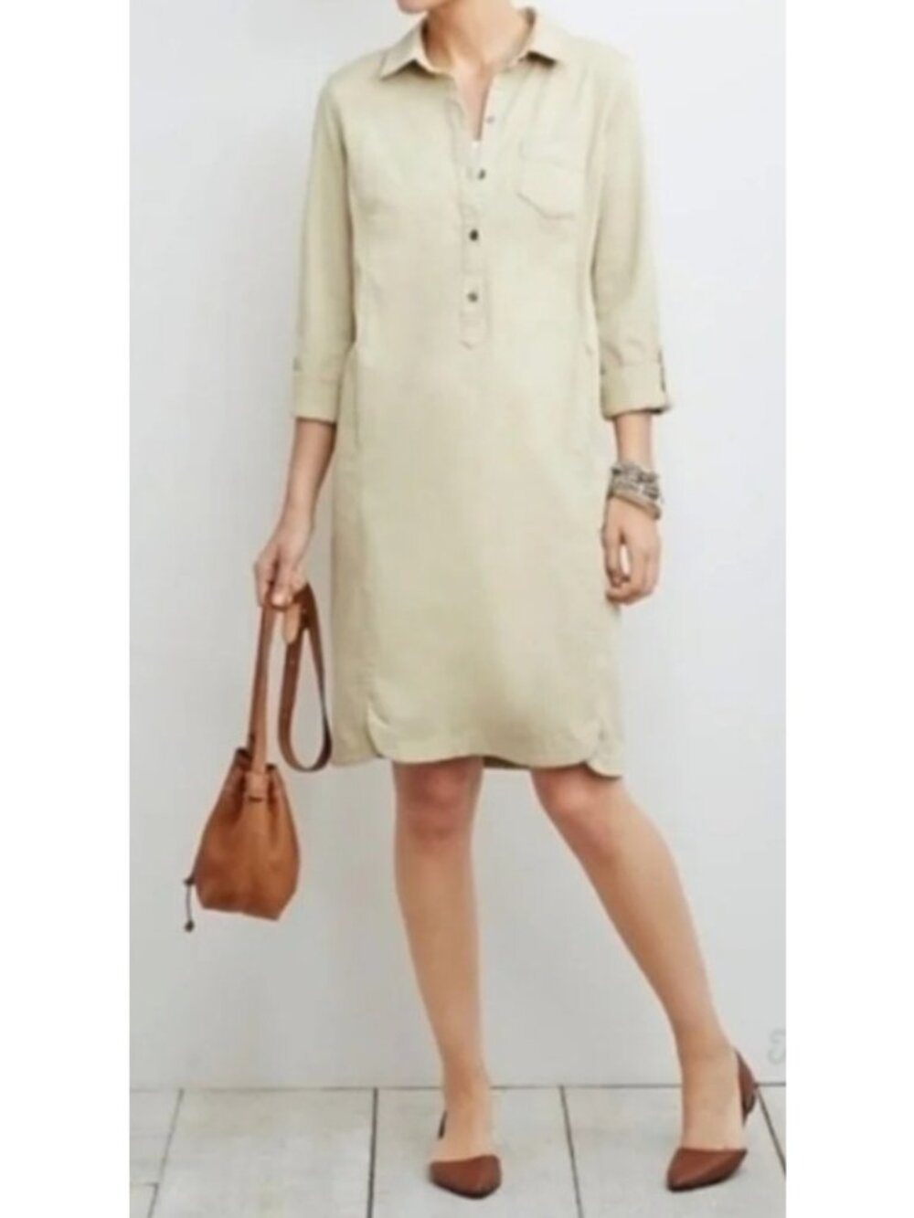 J Jill Cotton Blend Kahki Shirt Dress 8P Pockets Roll Tab Sleeves Neutral